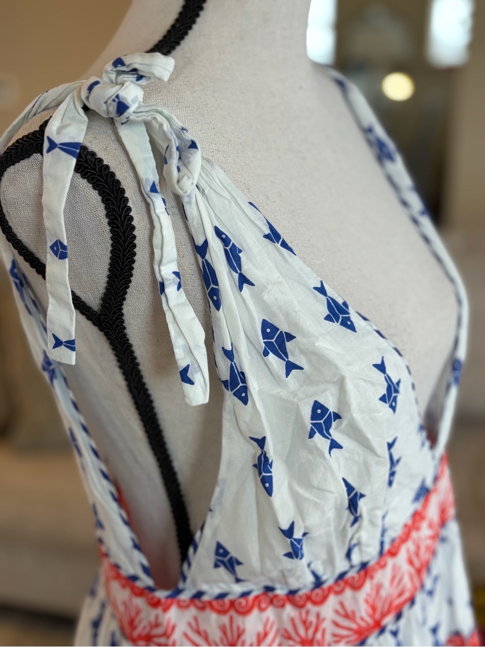 FARM Rio White Mini Dress with Blue Geometric Print and Red Trim - Picture 5 of 7
